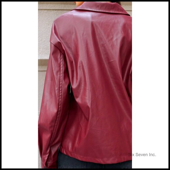 PU Leather Bomber Jacket Zip Up Collared Long Sleeve Casual Motorcycle Outerwear - Picture 6 of 6